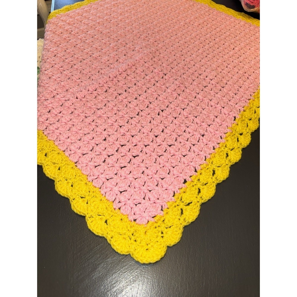 Handmade crochet baby blanket scalloped‎ edge colorful 35x32" Bright Soft